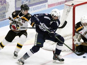 Andrew Bruder, centre and seen last season with the Woodstock Navy Vets, was named to the National Hockey League Central Scouting Services final rankings for North American skaters ahead of the 2018 NHL Draft. Bruder had a successful first season with the Niagara IceDogs after signing as a free agent last September.

Bill Polzin/Special to the Sentinel-Review file photo