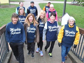 Members of the Mighty Spruce Team make their way along the Hike for Hospice route on a damp and chilly morning in this Beacon Herald file photo. The event returns to Stratford, St. Marys and Mitchell on May 6. Stratford Beacon Herald/Postmedia Network File Photo