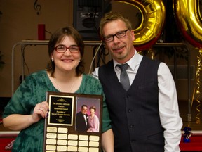 Michelle White with her coach Albert Seale was presented with the Nielsen Memorial Trophy at the annual Timmins Special Olympics awards banquet held at the Notre Dame-de-la Paix Friday night.