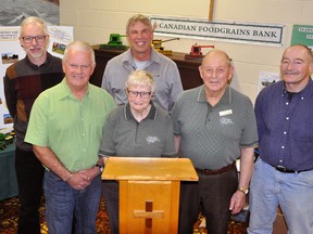 On hand for the spring information meeting for the Thamesview/Main Street United Church growing project last Thursday, April 26 – the 35th anniversary of the Canadian Foodgrains Bank – were John Longhurst (back row, left), director of resource and public engagement; and David Epp, regional representative. Front row (left): Bob Harris, Nancy Kraemer, Ron Kraemer and Bob Hutson, all of the local growing project. ANDY BADER/MITCHELL ADVOCATE