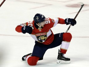 Florida Panthers' Jared McCann, of Stratford, celebrates after scoring the winning goal during the third period of an NHL hockey game against the Boston Bruins, Thursday, April 5, 2018, in Sunrise, Fla. (AP Photo/Lynne Sladky)