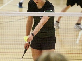 Stratford Central’s Anika Akroyd-Snider prepares to serve against Goderich’s Natalie Van Nie during a girls singles match at Tuesday’s Huron-Perth junior badminton championships at the Stratford Agriplex. (Cory Smith/The Beacon Herald)