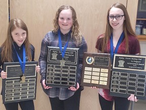 The Ripley Huron Skating Club's annual Star Skate Banquet took place April 17, 2018. L-R: Brianna Pointon, Nicole D’Arcey and Megan Hirst. Missing from the photo is Katie Roppel.