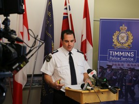 Timmins Police Staff Sergeant Danny Charest speaking at a news conference Monday afternoon, describing the scene of the vehicle where the bodies of four persons were discovered on Friday April 20, 2018. Police are seeking more assistance from the public in determining the whereabouts of several persons before the fire. LEN GILLIS / Postmedia Network