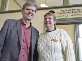 Terry Carroll, executive director of the Elgin-St. Thomas Community Foundation, and Kelly Scott, foundation assistant, stand beside the foundation office inside the CASO Station. On Monday the non-profit organization announced they will be in charge of a  bequest made by Marianne Barrie valued at $1.6 million, the largest in foundation history. (Louis Pin/Times-Journal)