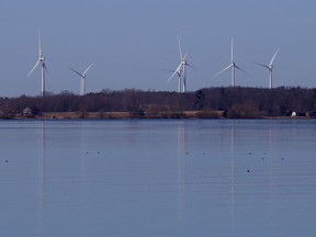 A cluster of wind turbines stands on the east side of Amherst Island, Ont. on Monday, April 23, 2018. Opponents of the project say ongoing construction work violates conditions set out to protect endangered turtles. Elliot Ferguson/The Whig-Standard/Postmedia Network