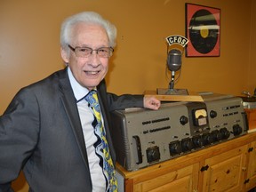 Bayshore Broadcasting general manager Ross Kentner, with the same RCA console he operated as a young CFOS-AM radio announcer in 1961, looked back over his 56-year radio career on Monday. (Scott Dunn/The Sun Times)