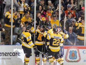 Kingston Frontenacs forward Ryan Cranford celebrates with teammates after scoring the tying goal against the Hamilton Bulldogs during the first period of Game 3 of Ontario Hockey League Eastern Conference final action at the Rogers K-Rock Centre on Sunday. (JULIA MCKAY/The Whig-Standard)