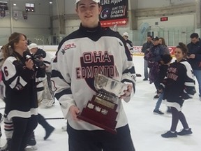 Defenseman Jeremy Hancock, here celebrating his CCHS Bantam title, was recently named to the SHA SaskFirst Top 29 for 2018.