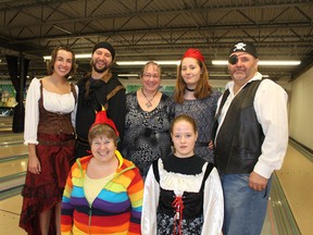 A team of pirates, called Shiver Me Timbers, is among the participants in the Big Brothers Big Sisters of Grand Erie Bowl for Kids Sake fundraiser. They are Jen Bennett (bottom left), Karen Dejaegher, Amy Brooks (back left), Alex Bennett, Sandy McGarrity, Daniella Dejaegher and Chris Bennett. (Michelle Ruby/The Expositor)