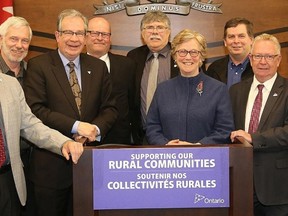 TIM MEEKS/THE INTELLIGENCER
Peterborough MPP Jeff Leal was in Belleville to make three major funding announcements regarding broadband connectivity and economic development in Eastern Ontario. On hand for the announcements were from the left: Peterborough County Warden Joe Taylor, Frontenac County Warden Ron Higgins, MPP Jeff Leal, Lanark County Warden and Eastern Ontario Leaderswhip Council Chairman John Fenick, EORN Chairman J. Murray Jones, Eastern Ontario Wardens' Caucus Chairwoman Robin Jones,  Northumberland County Warden Mark Loveshin, Prince Edward County Mayor Robert Quaiff, and Hastings County Warden Rodney Cooney.