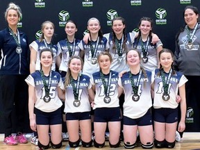 The Chatham Ballhawks White won silver medals in Division 4 Tier 2 at the Ontario Volleyball Association 14-and-under girls' championships in Waterloo, Ont., on Saturday, April 21, 2018. The Ballhawks are, front row, left: Kayla Argenti, Ella Powers, Jayden Jefferson, Rachel Szymanski and Natalie Johnson. Back row: coach Jenna Scrimshaw, Megan Bosma, Marcy Shaw, Jordan Nicholson, Gloria Koning, Mallory Mariconda and coach Jill Fantuz. Kaitlyn Warriner is absent. (Contributed Photo)
