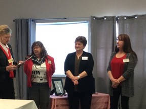 The installation of officers for the James Bay Region Executive was held with  Kim Charron (left to right) of Cochrane as the new James Bay Region chair, Dorothy Friske of Geraldton the President of Hospital Auxiliaries Assoc. of Ont., Ann Rudd-Robins of Timmins as 1st Vice President, Karen Barbar of Kirkland Lake as Secretary, Heather Lamy of Kirkland Lake as Treasurer.