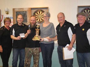 Pictured above are the winners of this year’s tournament.  From (l-r) are Dianne Whitelaw, Danny Stuckless, winners Jim Beaver and Lorraine Pemberton, Donny Stuckless and Bob Stuckless. (Handout/Exeter Lakeshore Times-Advance)