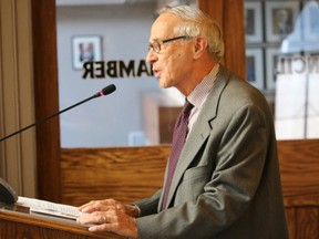 BRUCE BELL/THE INTELLIGENCER
Richard Hughes, president of the Hastings County Historical Society, explains the Mayor’s Hunt for History contest to Belleville council Monday afternoon.