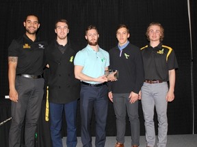 Derek Seckinger, the 2017 Builder of the Year, shared his award with the Nipawin Jr. A. Hawks. Left to right are: TJ Millar (assistant coach), Brett Harasymuk, Brandan Arnold, Josh McDougall and team captain Carter Doerksen. Seckinger was not at the awards
