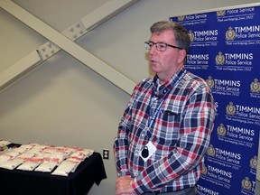 Roughly $385,000 worth of illegal drugs and nearly $50,000 in cash was seized by Timmins Police and Ontario Provincial Police as the result of several search warrants executed in Timmins last week. Three city residents are facing trafficking charges. While reporting on the bust at a news conference Tuesday, Timmins Police communications coordinator Marc Depatie had hard criticism for local drug dealers, saying they take advantage of people with addictions and contribute to greater criminal activity in Timmins.

(LEN GILLIS/The Daily Press)