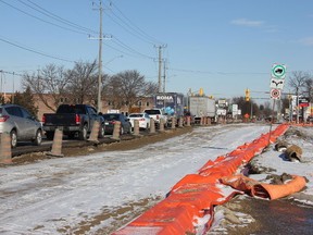 Traffic piles up at the corner of Erie Street and Lorne Avenue, while the widening project was underway last year. (File photo)