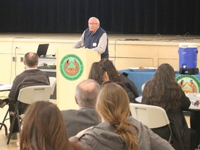 Justice Erwin Stach (retired) addresses delegates attending the Third Kenora Community Forum for a Criminal Justice Centre in Kenora at Seven Generations Education Institute Manidoo Baawaatig campus on Monday, April 23. The forum drew about 70 participants representing Grand Council Treaty 3, Ministry of the Attorney General, City of Kenora, Kenora OPP, Northwestern Health Unit, community family, social and mental health services as well as other providers. The Kenora CJC is one of three approved in Ontario by the province to address the root cause of many crimes through an integrated community response to treat social, mental health, addictions, housing and related issues. 
Reg Clayton/Miner and News