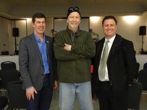 Scott Cyr (right), MLA for Bonnyville – Cold Lake, said the NDP likely invested more dollars into rural crime prevention because he and other Conservative MLAs were encouraging residents to write letters detailing their firsthand experiences of being victimized by crime. Cyr is seen in this photo with Reeve Greg Sawchuk (left) and Cold Lake resident Tim Cramb at the city’s policing open house on Mar. 29.