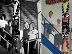 The creators of the Tecumseh school totem pole are pictured here as teens and later in life. They include Eric Stang, Rick Gosnell, Clare Weirsma and Andy Ramsz. However, the Lambton Kent District School Board announced Tuesday that the totem pole will be removed this summer. (Handout)