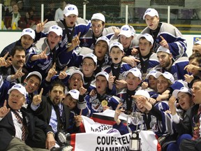 Members of the Sudbury Nickel Capital Wolves celebrate their 2008 national championship in Arnprior, Ont. Sudbury Star file photo