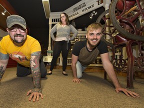 Lucas Duguid (left) and Ben Strasser are ready for the third annual Brant Museum Crawl, while Laura Duguid prefers a more civilized mode of visiting the 13 galleries and museums taking part in the event throughout the month of May. (Brian Thompson/The Expositor)