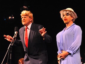 In this skit, Donald Trump (Ted Adams) and Queen Elizabeth (Adrian Rose) mull over the qualities that go into a good cabinet member. MONTE SONNENBERG / SIMCOE REFORMER