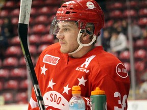 Hayden Verbeek and Soo Greyhounds brass are remaining mum on the injury the centre sustained late in the first period of last Saturday’s match against Kitchener at Essar Centre. Jeffrey Ougler/Sault Star