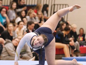 Ani St. Aubin of College Notre Dame runs through her routine at the OFSAA gymnastics competition at Ecole secondaire Macdonald-Cartier in Sudbury, Ont. on Tuesday April 24, 2018. For a gallery with more OFSAA photos, visit www.thesudburystar.com Gino Donato/Sudbury Star/Postmedia Network