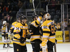 The Kingston Frontenacs celebrate a 5-2 win in Game 4 of the Ontario Hockey League Eastern Conference Final against the Hamilton Bulldogs at the K-Rock Centre on Tuesday night. (Meghan Balogh/The Whig-Standard)