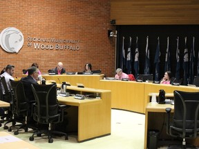 Mayor and council listen to presentations at their Tuesday meeting, Feb. 27, 2018. Laura Beamish/Fort McMurray Today/Postmedia Network