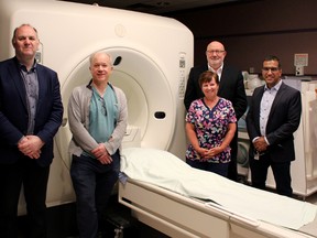 Dr. Chris Bourdon, left, vice-president of Medical and Academic Affairs at Health Sciences North, Dr. Evan Roberts, chief of diagnostic imaging, Dr. Henderson, medical director and chief of cardiology, Elizabeth Dillabough, medical radiation technologist, and Dr. Andreas Kumar, cardiologist. Supplied photo