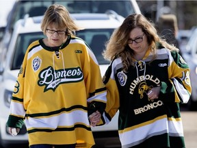 Mourners arrive for the funeral service of Humboldt Broncos’ player Conner Jamie Lukan in Slave Lake last Wednesday.