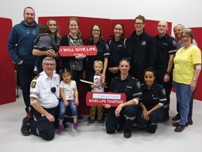 A team of Perth County paramedics rolled up their sleeves and gave blood this week in honour of one of their fellow first-responder’s niece, Celina Lucas, who has been battling cancer and requires an extensive amount of blood as part of her treatments. (Handout)