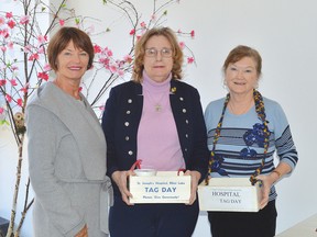Photo by KEVIN McSHEFFREY/THE STANDARD
Louise Farkouh - Tag Day convener; Geraldine Robinson, hospital auxiliary chair; and Judy Menzie, membership convener, are getting ready for the St. Joseph’s General Hospital Auxiliary Tag Day on Friday May 4.