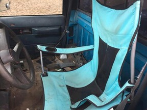 A pickup truck with a folding lawn chair for a driver's seat is shown in this recent handout photo. THE CANADIAN PRESS/Thunder Bay Police Service