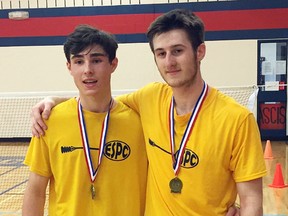 Ryen Stevens, left, and Aidan Lachine of the Pain Court Patriotes won the senior boys' doubles final at the SWOSSAA badminton championship in Windsor, Ont., on Tuesday, April 24, 2018. (Contributed Photo)