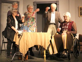 Lillian Abbott as Rose, Michaela Posthumus as Blanche, Andrea Feeley as Flora, Tony McQuail as Jack and Bill Cooper as Wilf in the upcoming Hawk Theatre production 'Jack of Diamonds' scheduled to begin on Thursday April 26, 2018 at the Lucknow Town Hall Theatre.  (Ryan Berry/ Kincardine News and Lucknow Sentinel)