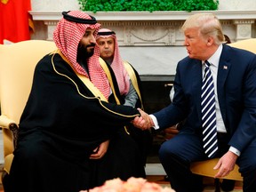 In this March 20, 2018, file photo, President Donald Trump shakes hands with Saudi Crown Prince Mohammed bin Salman in the Oval Office of the White House in Washington.
AP Photo/Evan Vucci, File