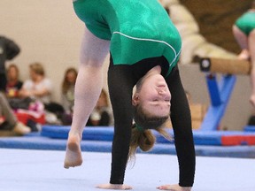 Hannah Castonguay of Lockerby Composite School runs through her routine at the OFSAA gymnastics competition at Ecole secondaire Macdonald-Cartier in Sudbury, Ont. on Tuesday April 24, 2018. Gino Donato/Sudbury Star/Postmedia Network
