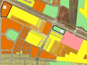 This map presented to Cochrane town council on Monday, April 23 shows the orientation of the previous potential site (labeled 1) and the new one (lableled 2).