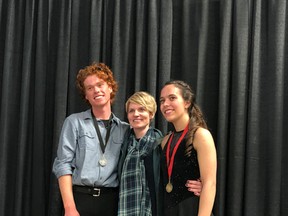 CSC's Sydney Perron (right) won a gold medal and Jase Ritter (left) won a silver in the Gold Freeskate event at the United Cycle Sunsational Invitational in Edmonton, which ran Apr. 20-22. Their coach Karen Allison (middle) celebrated with her skaters.