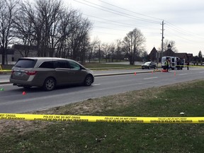 Kingston Police are investigating after two pedestrians were struck on Taylor Kidd Boulevard near Liston Drive in Kingston, Ont. on Friday April 27, 2018. Julia McKay/The Whig-Standard/Postmedia Network