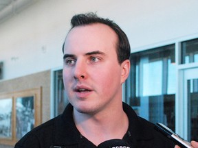 New Powassan Voodoos coach Max Gavin, 29, was introduced to local sports reporters at Memorial Gardens, Thursday. The team is holding a spring camp for prospective players today and Sunday. 
Dave Dale / The Nugget