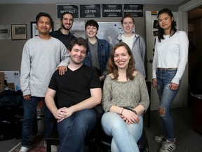 Ian MacAlpine/The Whig-Standard
Organizers for the Kingston Juvenis Festival, which starts on Saturday, include Reid Cunningham, front left, and Jane Karges, with festival participants, from left, Francisco Corbett, Dimitri Georgaras, Maddy Roach, Emma Harchuk and Amanda Lin.