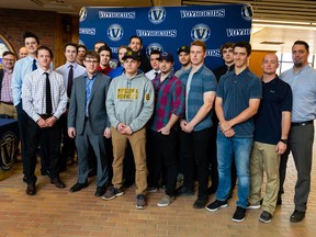 Members of the Laurentian University Voyageurs men’s varsity baseball team, during a press conference on Friday. Photo supplied.