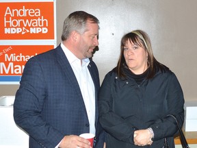 Photo by KEVIN McSHEFFREY/THE STANDARD
Algoma-Manitoulin incumbent MPP Michael Mantha, who is also the NDP’s candidate for this riding, speaks to Natalie Timeriski at the official opening of Mantha’s campaign office opening in Elliot Lake.