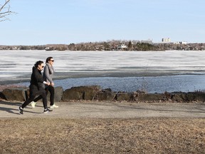 Ice is slowly melting from the shoreline of Ramsey Lake in Sudbury, Ont. on Thursday April 26, 2018. This year could be a record year for the ice leaving the lake due to the late start to spring.Gino Donato/Sudbury Star/Postmedia Network