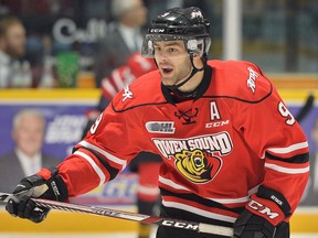 At the close of his five-year Ontario Hockey League career Ethan Szypula ranks No. 2 on the Owen Sound Attack all-time games played list. He also cracks the top-20 in points and assists. Terry Wilson/OHL images.